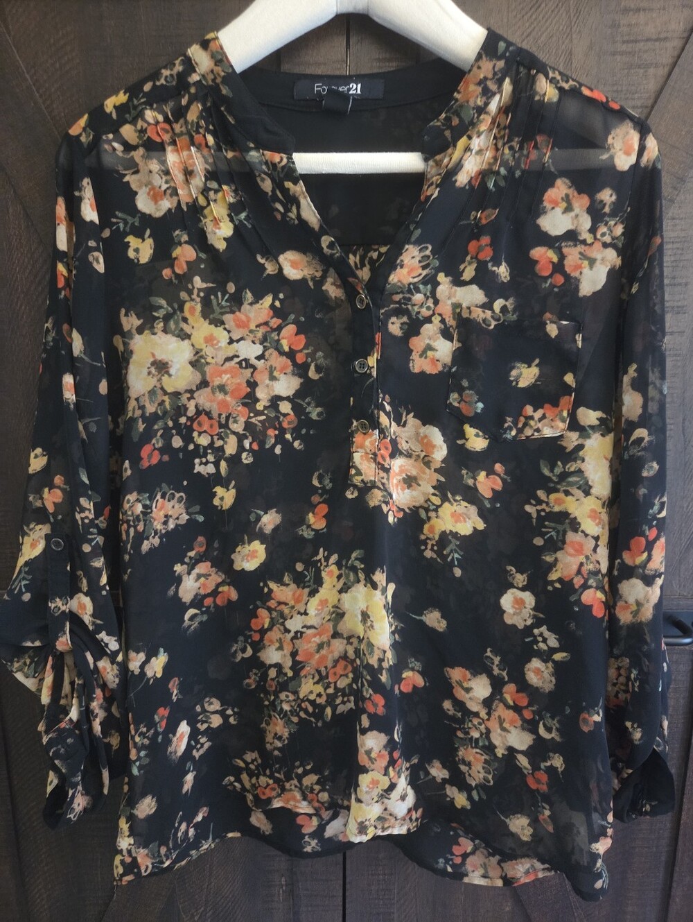 Forever 21 Black Floral Sheer Button-Front Blouse